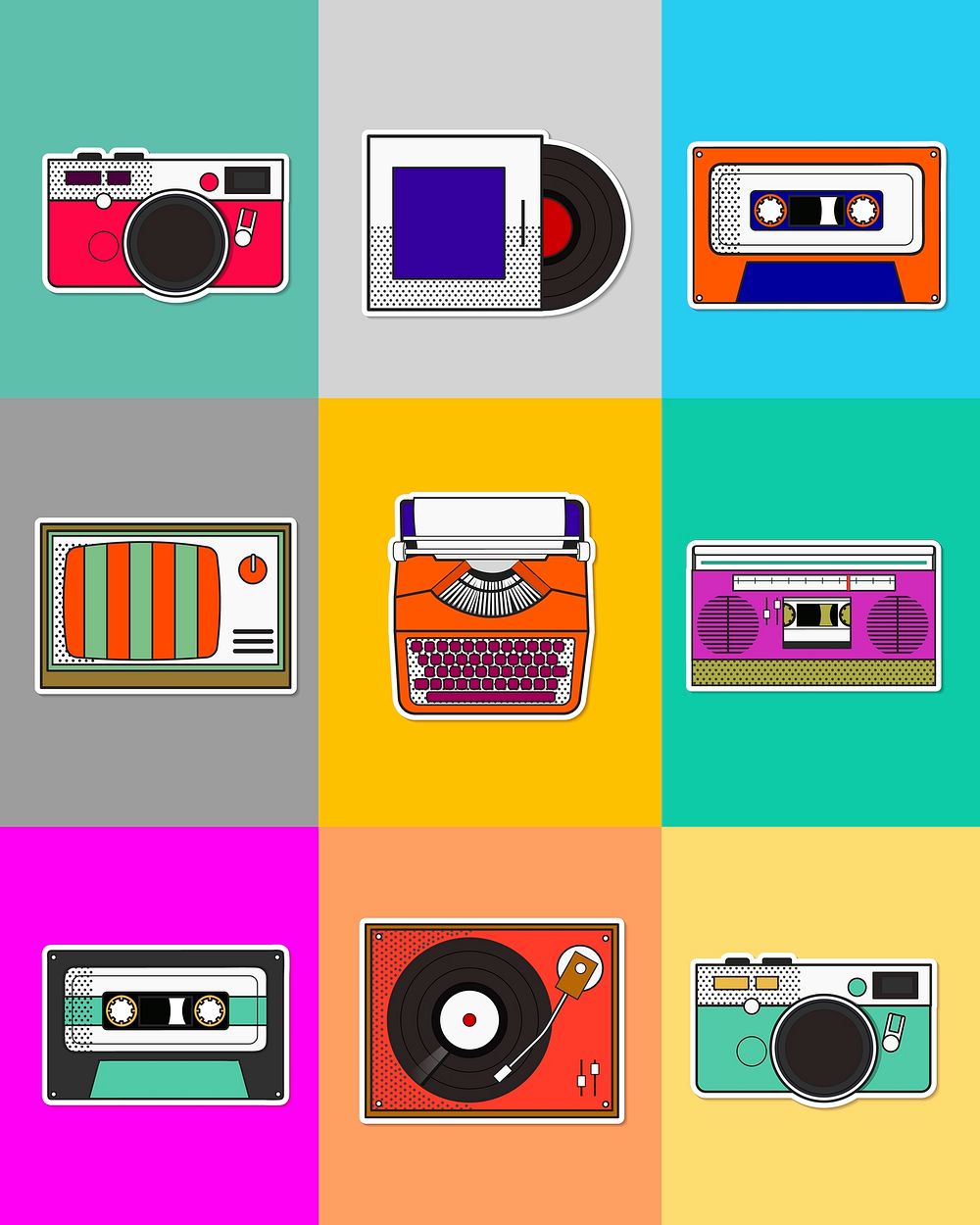 Colorful pop art retro 80s electronic devices illustration set