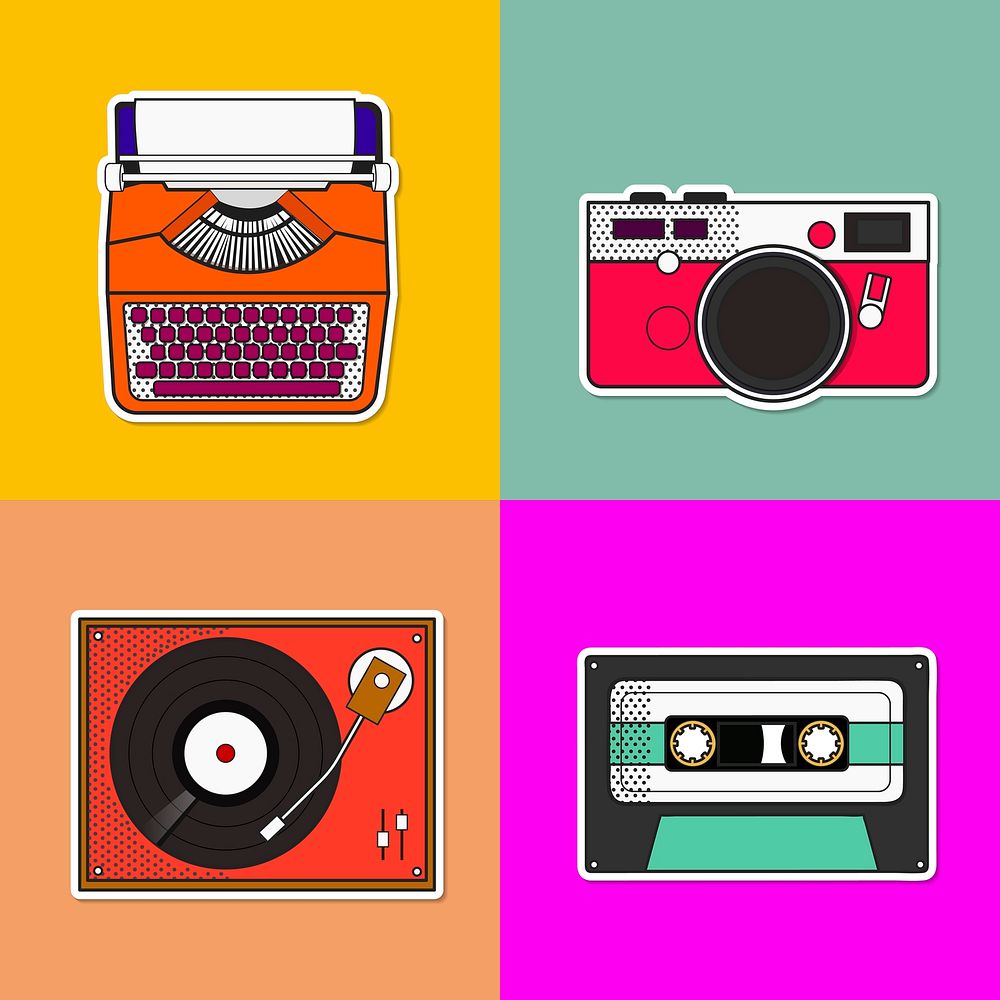 Colorful pop art psd retro 80s object sticker set