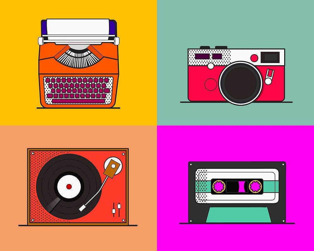 Colorful pop art retro 80s electronic devices illustration set