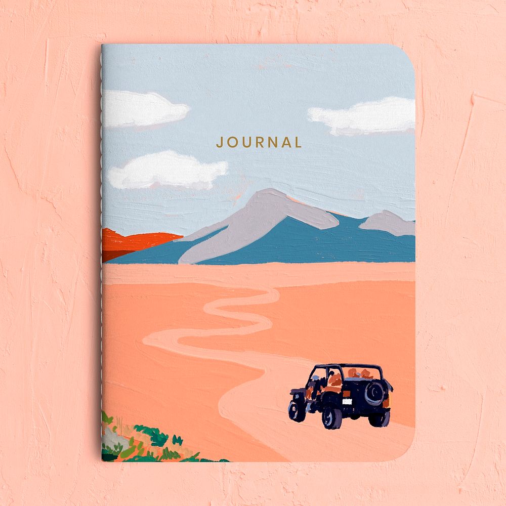 Notebook with 4WD car on desert cover, acrylic painting design