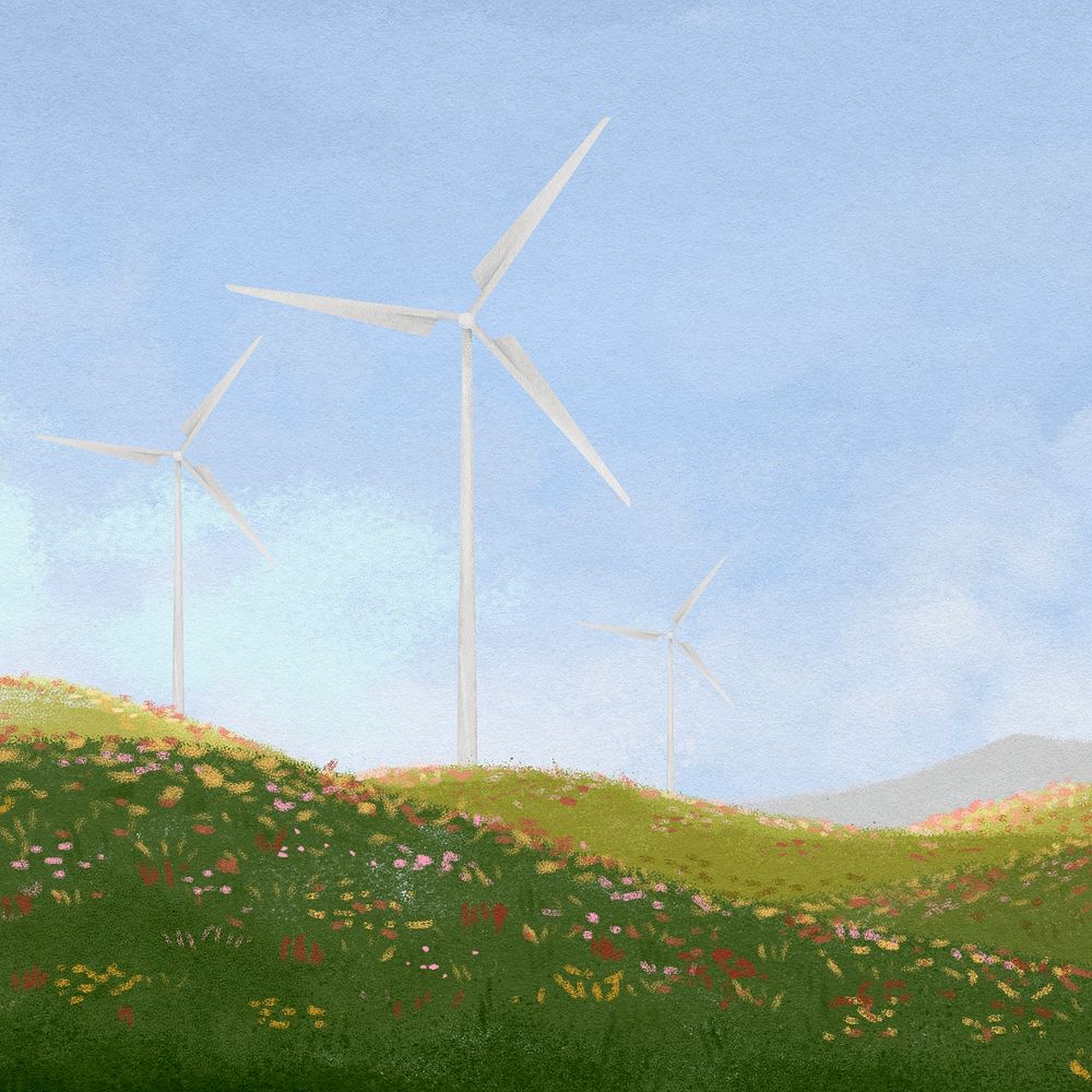 Wind farm landscape background, watercolor illustration psd