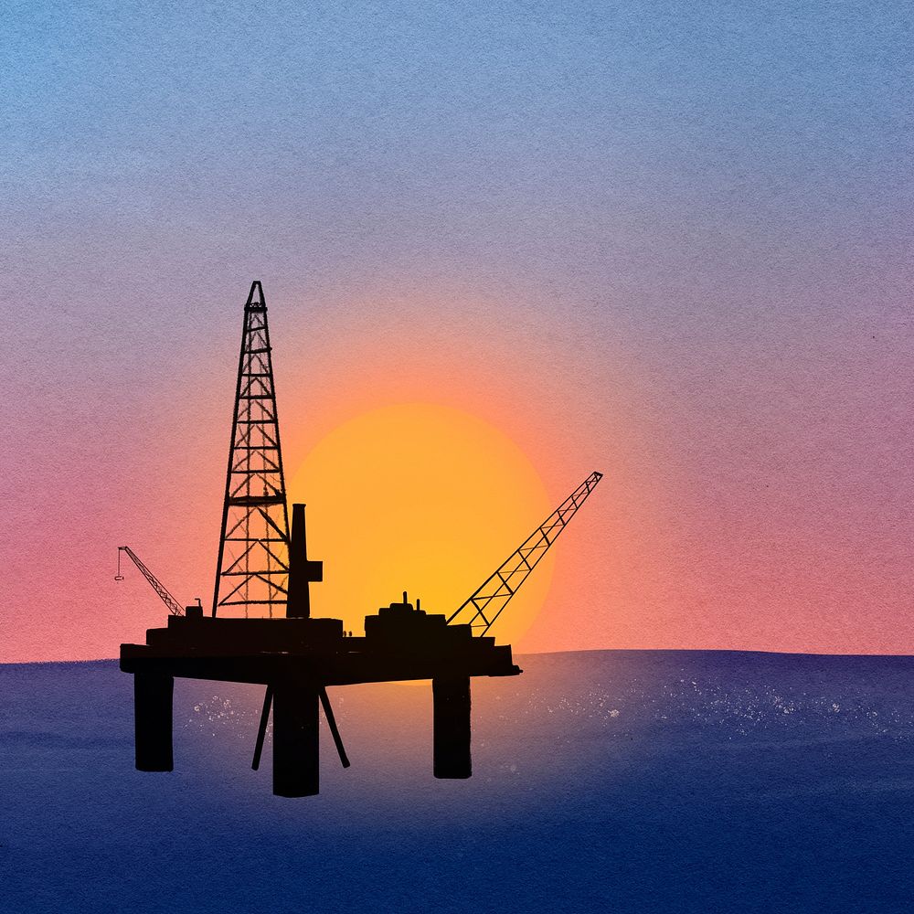 Oil rig sunset background, watercolor industrial illustration psd