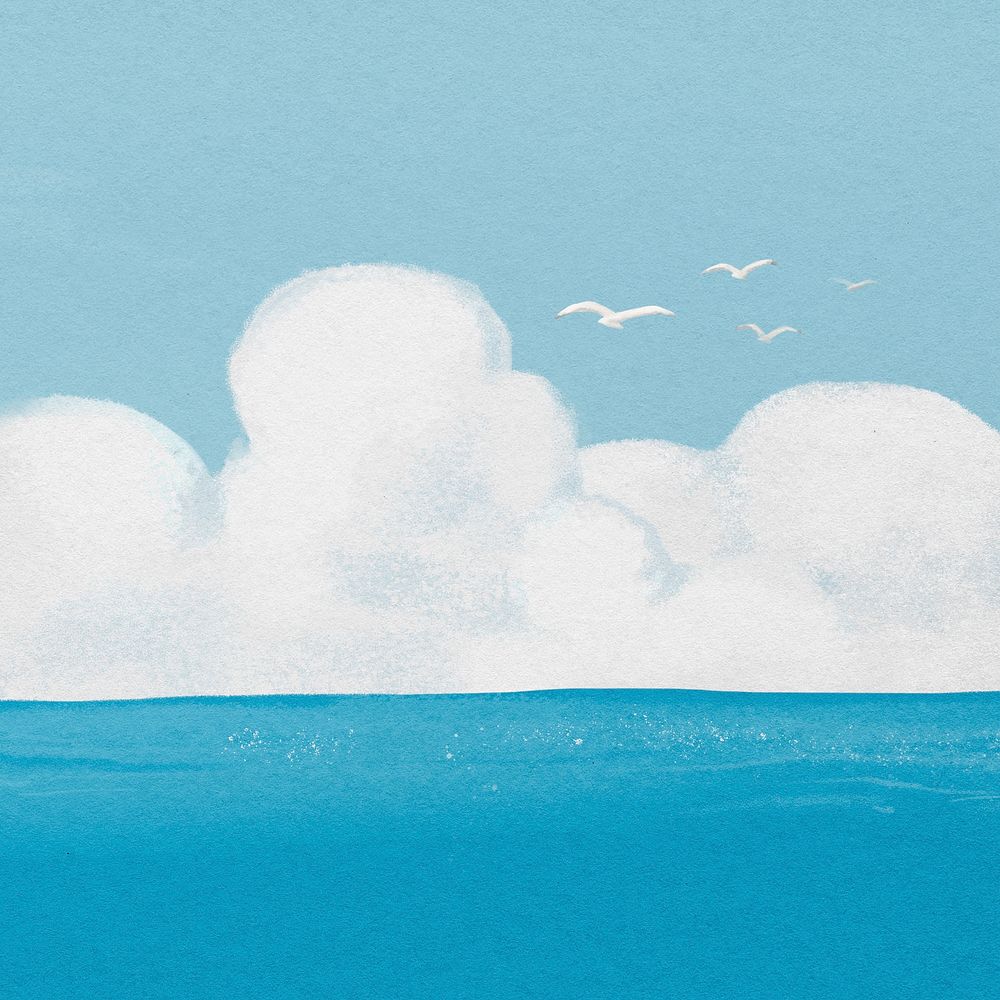 Ocean skyline background, watercolor nature illustration