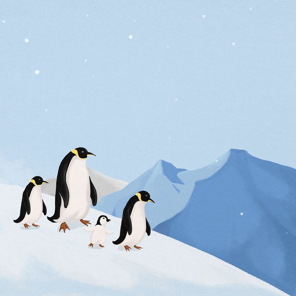 Winter penguins background, cute animal illustration psd