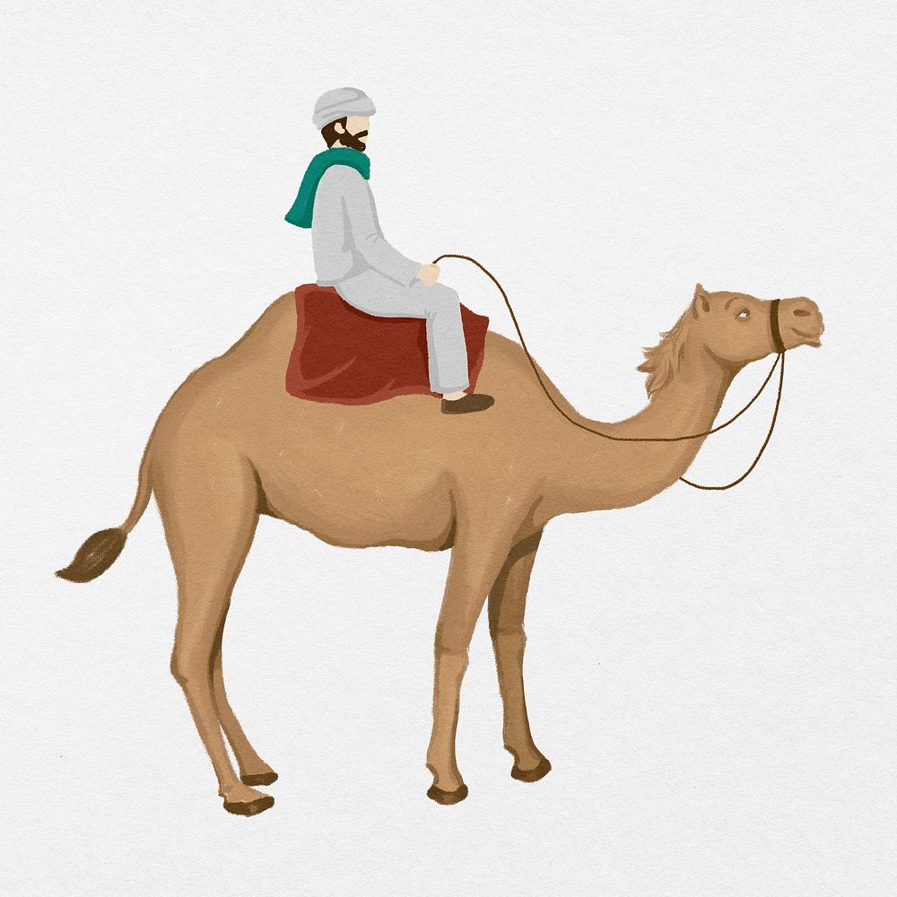 Camel rider sticker, watercolor animal illustration psd