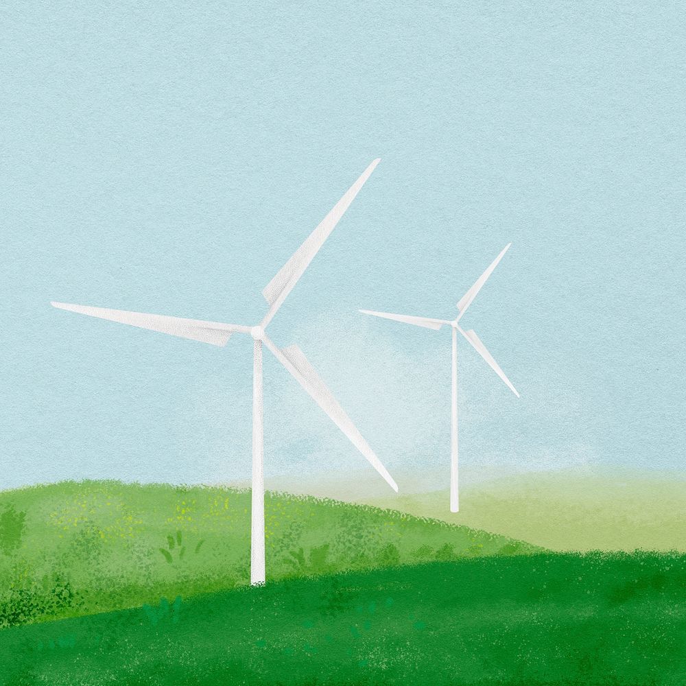 Wind farm background, watercolor landscape illustration