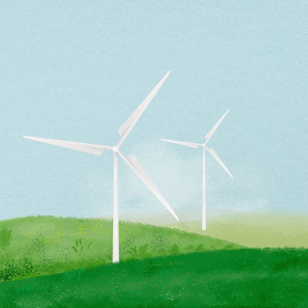 Wind farm background, watercolor landscape illustration psd