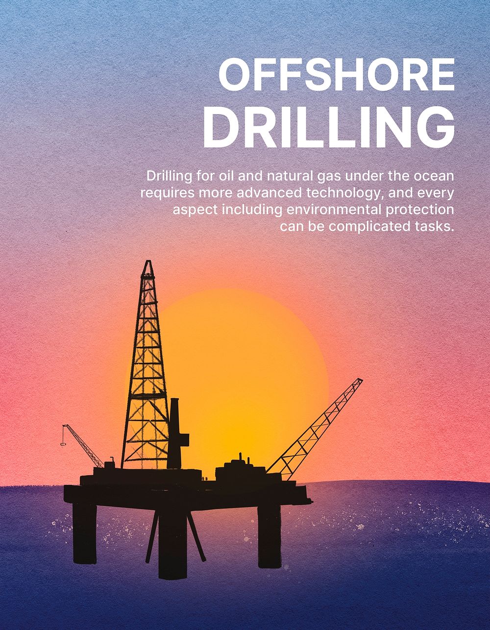 Offshore drilling flyer template, oil rig sunset psd