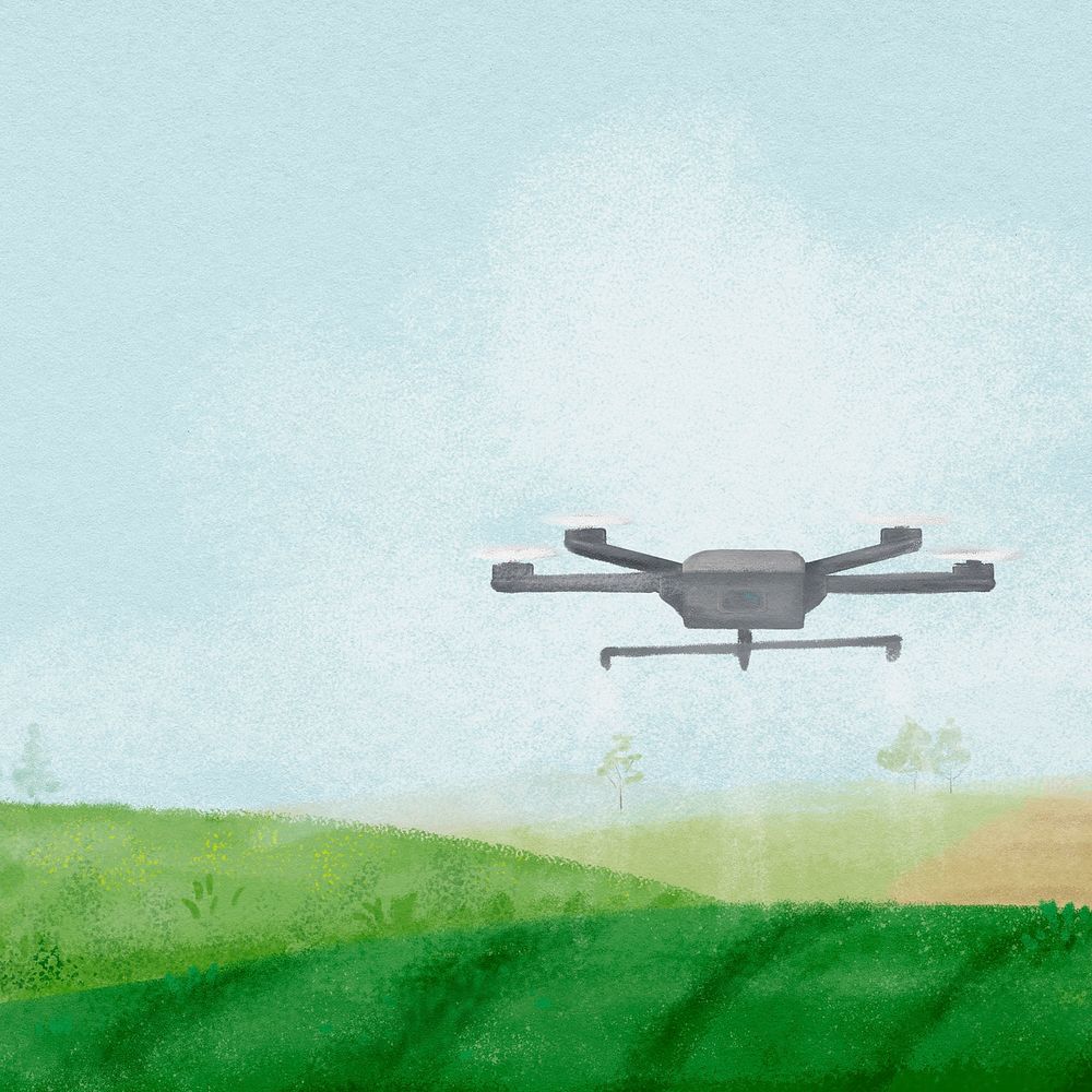 Smart farming background, watering drone, landscape illustration psd