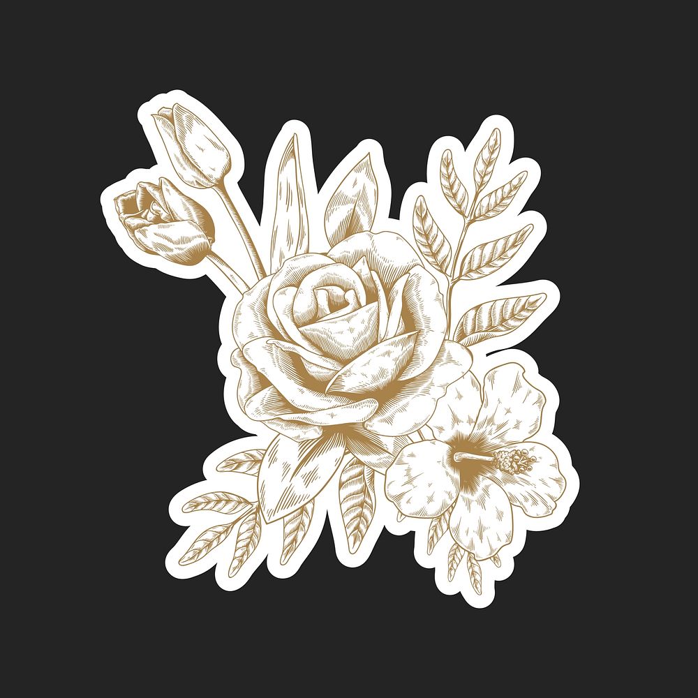 Gold and white flower bouquet sticker with a white border vector