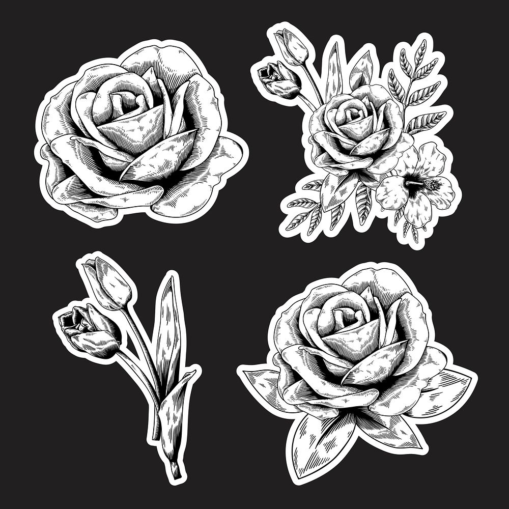 Black and white flower sticker with a white border vector set