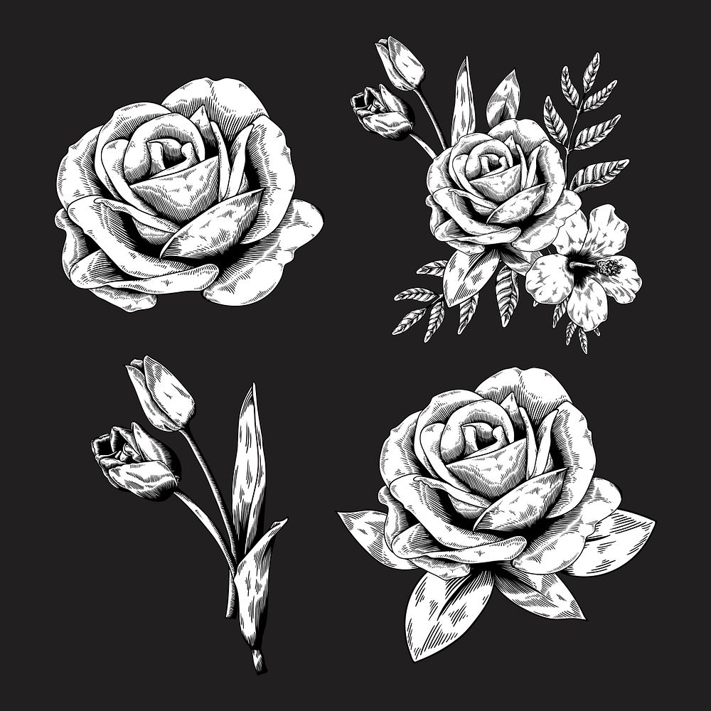 Black and white flower sticker vector set