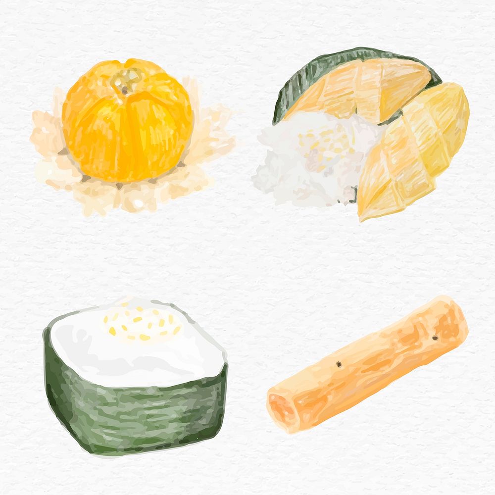 Thai traditional desserts vector watercolor set