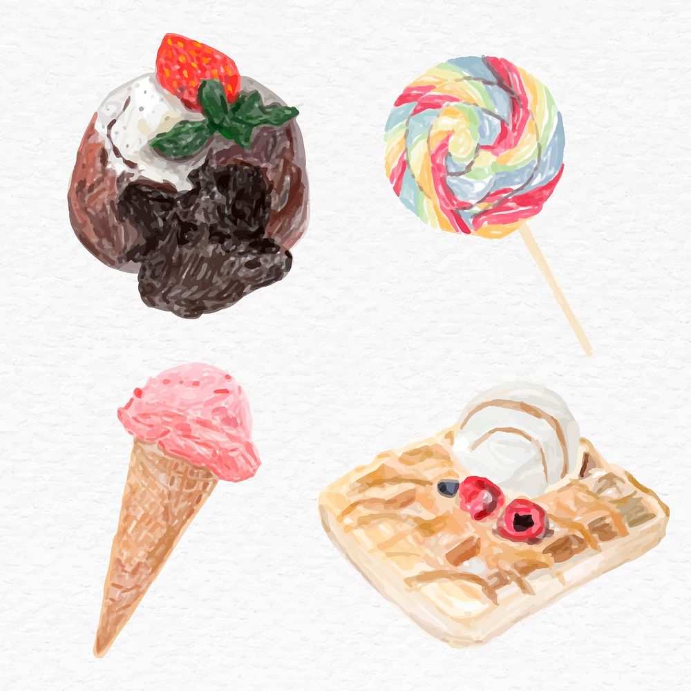 Colorful desserts vector watercolor drawing set