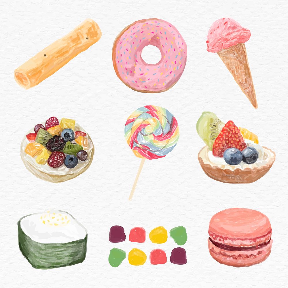 Sweet desserts vector watercolor set