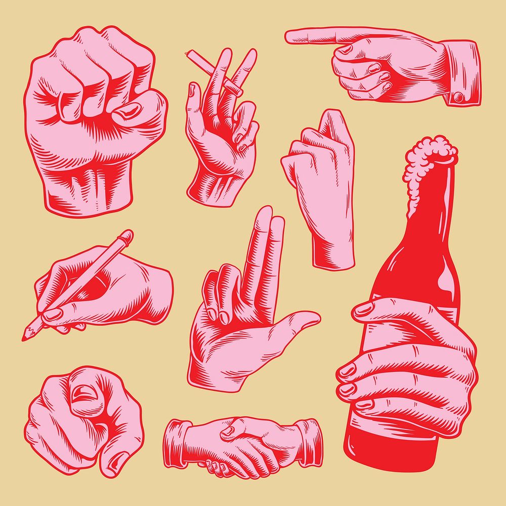 Cool neon pink hand gesture sticker set vector