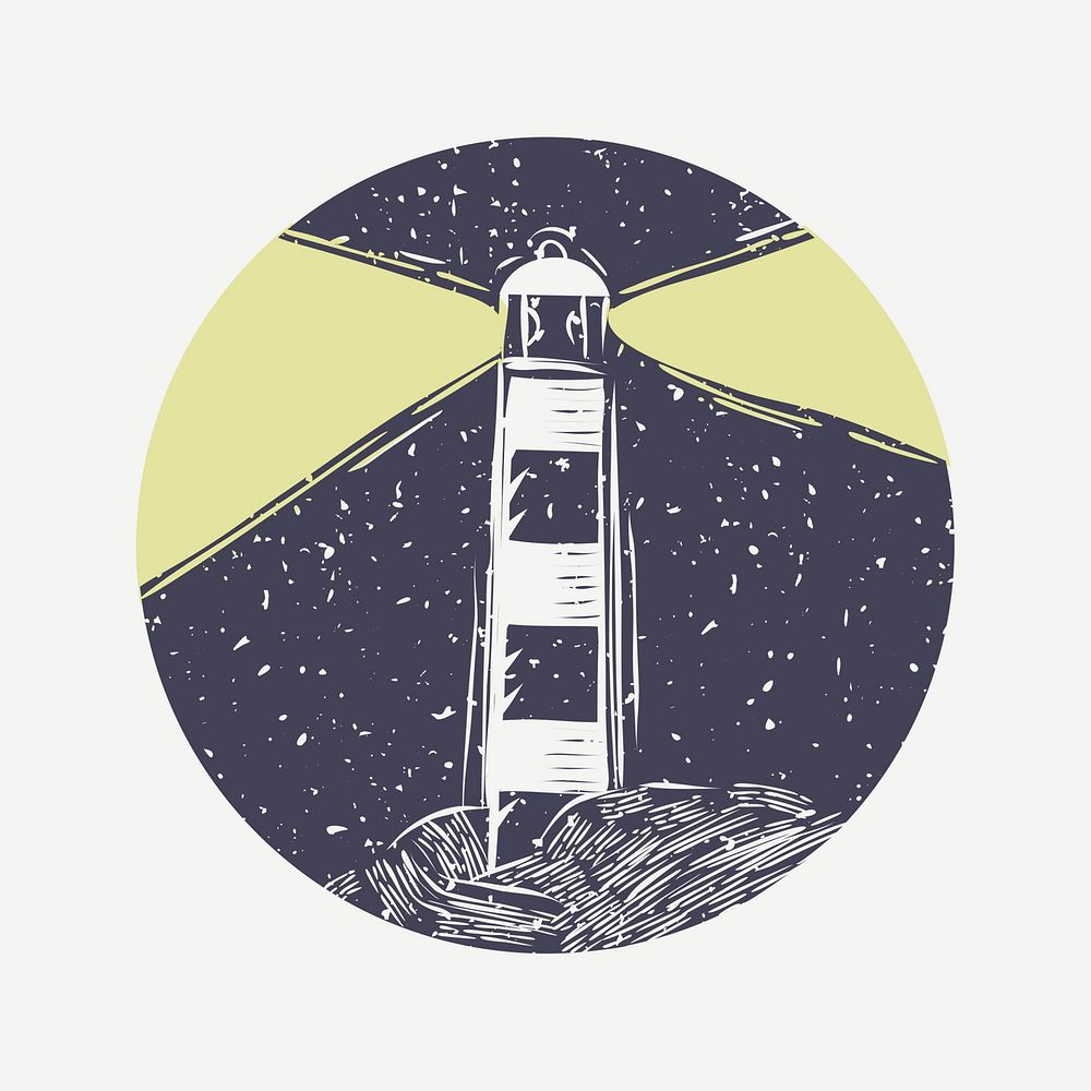Muted color lighthouse linocut in cute illustration