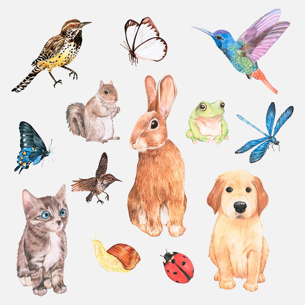 Cute animals psd element sticker in watercolor