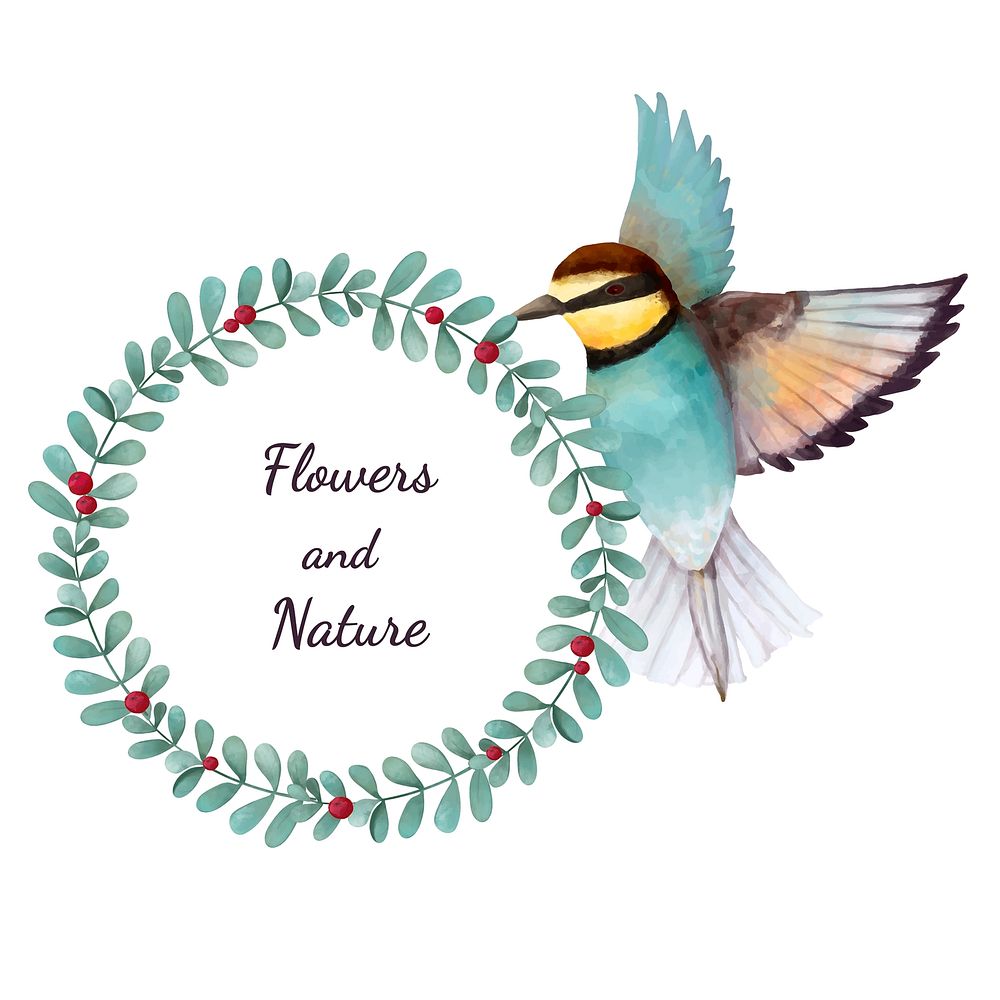 Bird bee eater watercolor botanical wreath illustration 