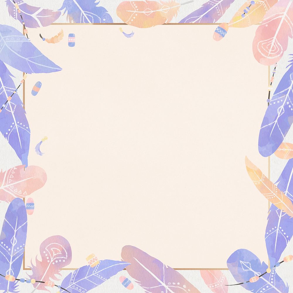 Gold square frame psd pastel purple Bohemian feather