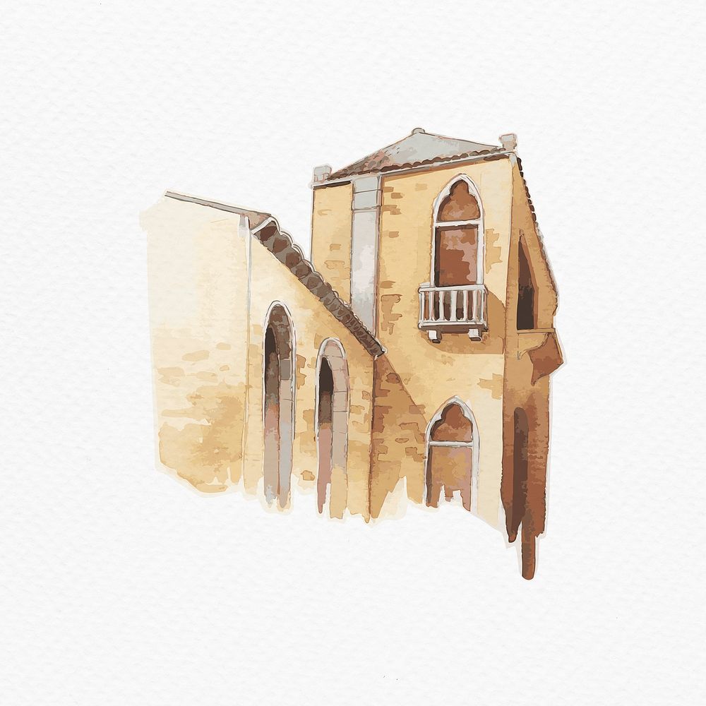 Psd watercolor old Mediterranean architectural illustration