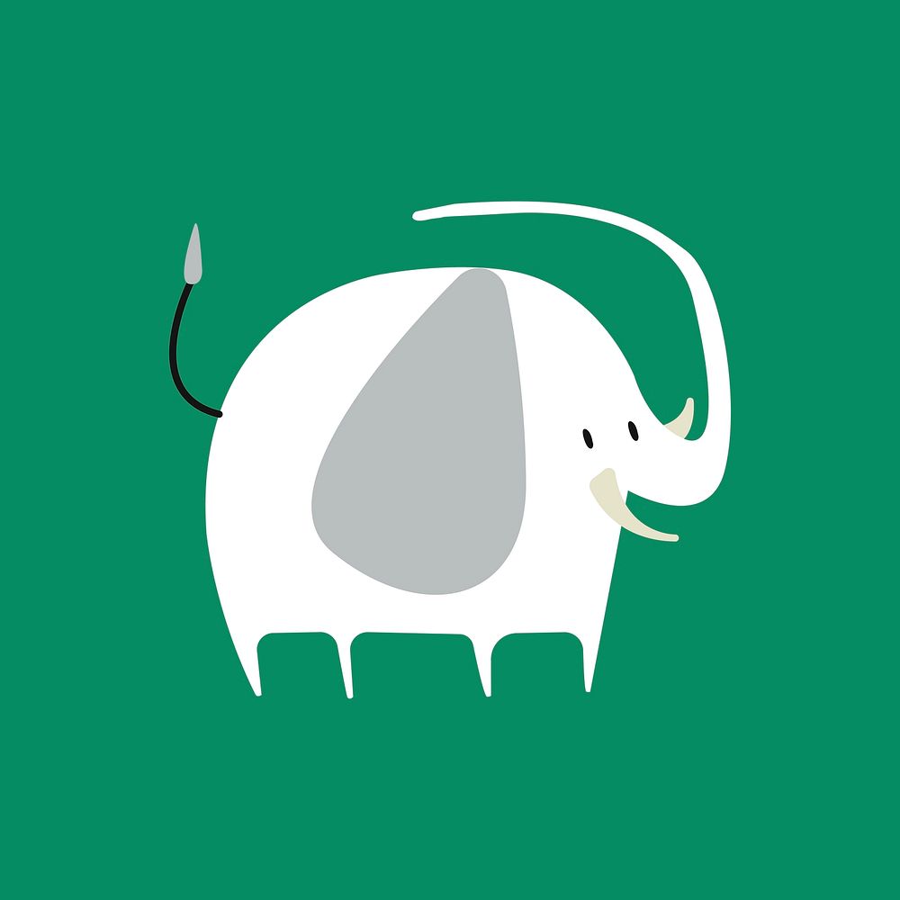 Cute white elephant flat animal illustration on green background