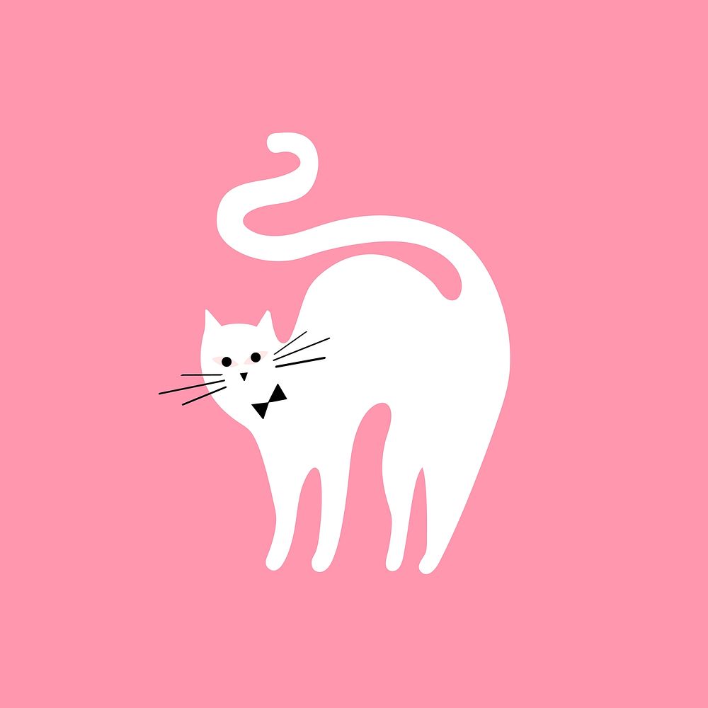 White kitten flat animal illustration on pink background