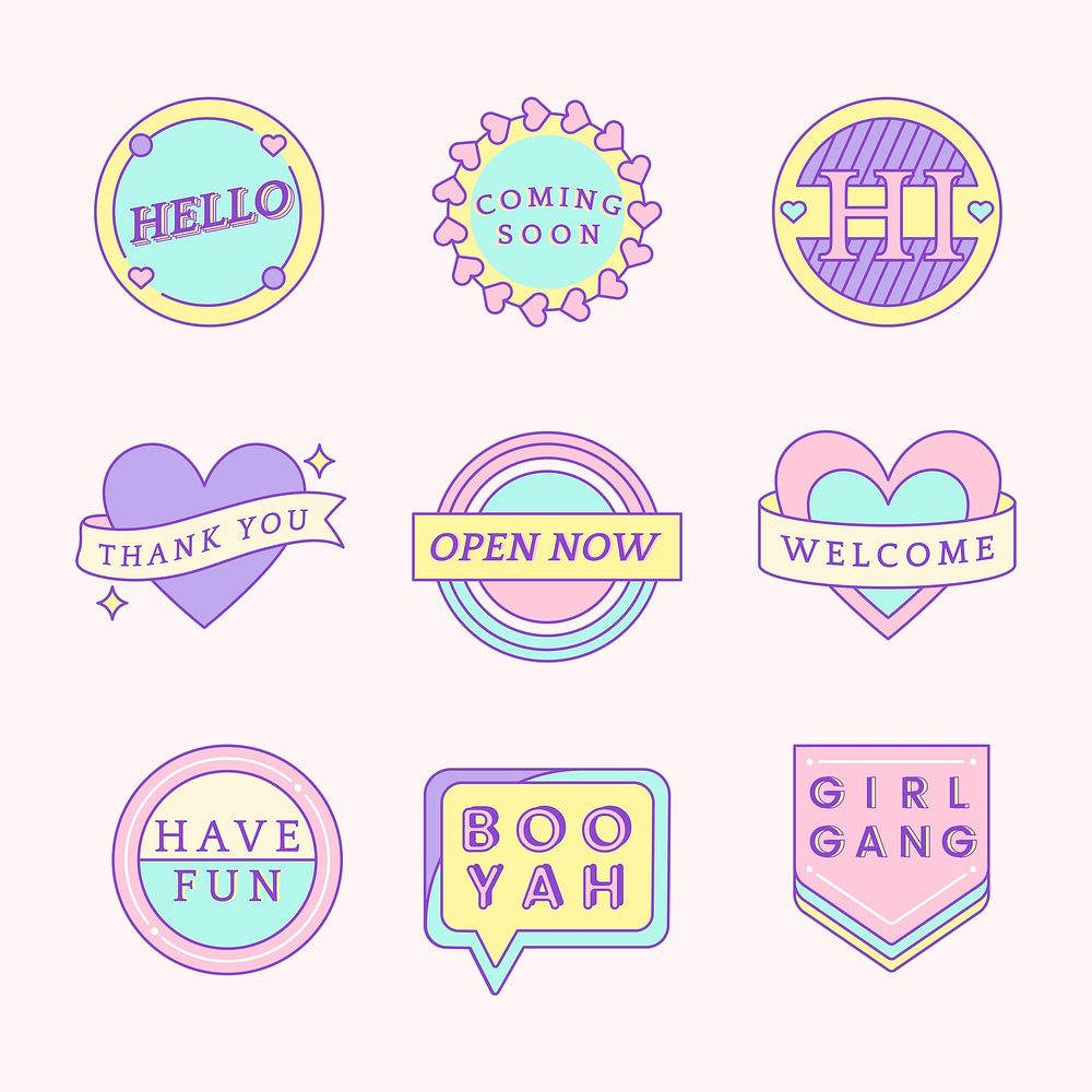 Editable cute pastel badge psd set with text set