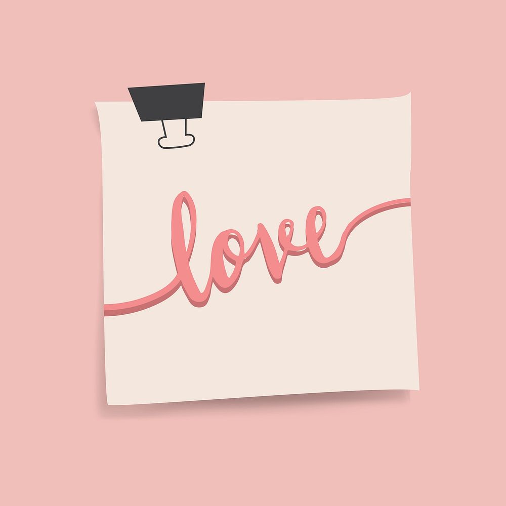 Love word message on notepaper set with binder clip on pink background