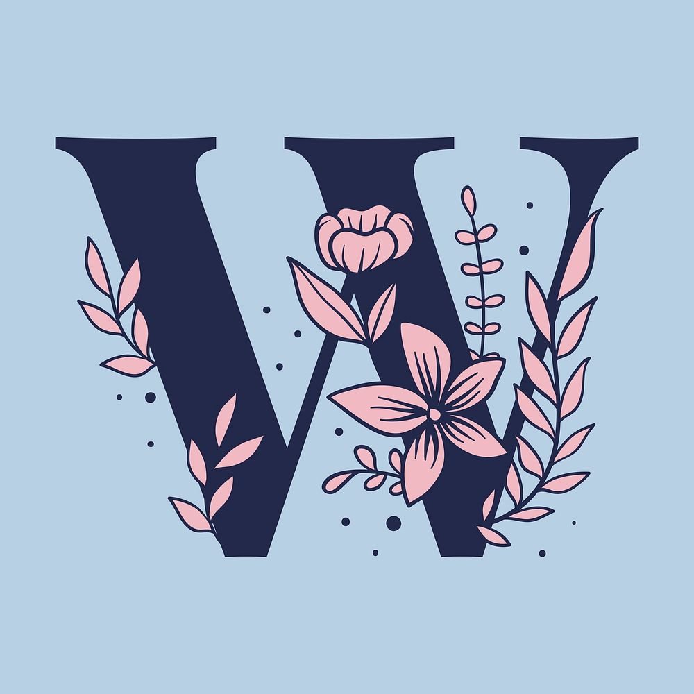 Floral letter W psd alphabet typography