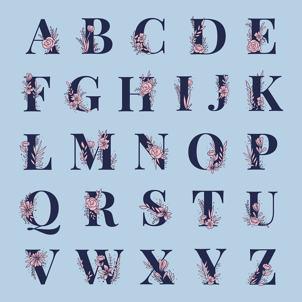 Floral alphabet font typography set