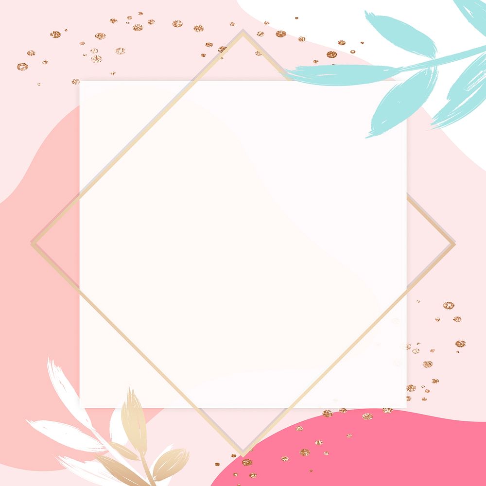 Pastel pink Memphis square gold frame with leaves
