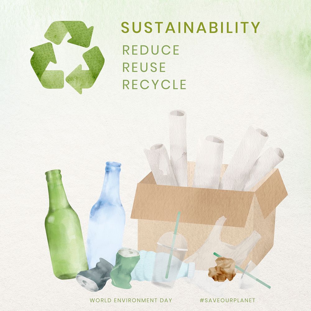 Sustainability with reduce, reuse and recycle in watercolor 