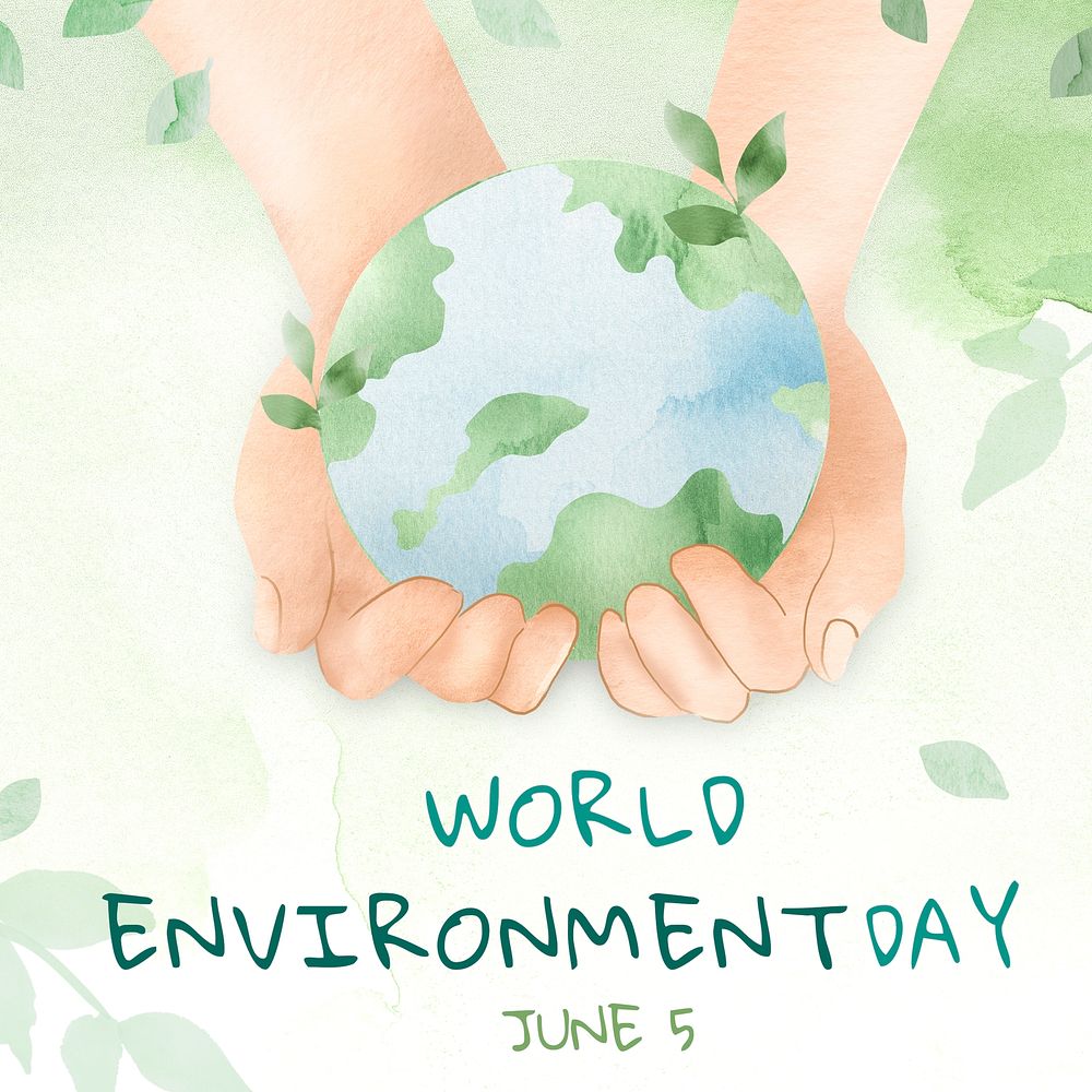 Hand cupping world with world environment day text in watercolor