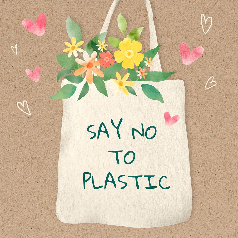 Cute tote bag with say no to plastic text watercolor 