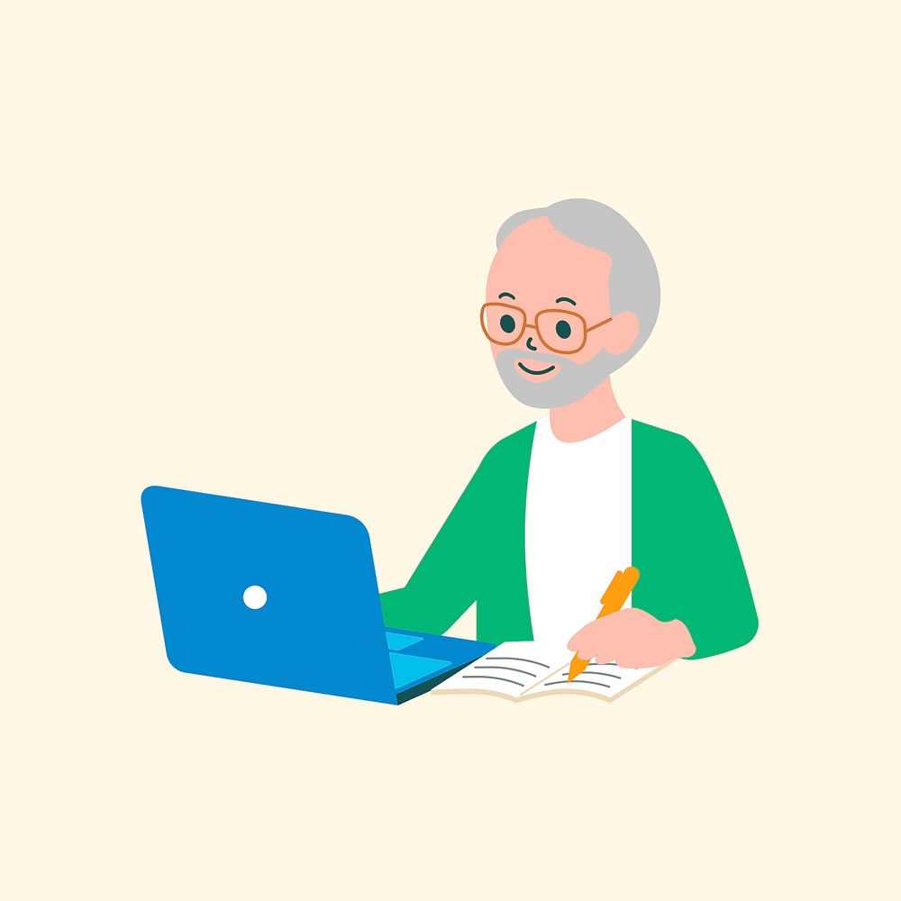 Senior e-learning character flat graphic