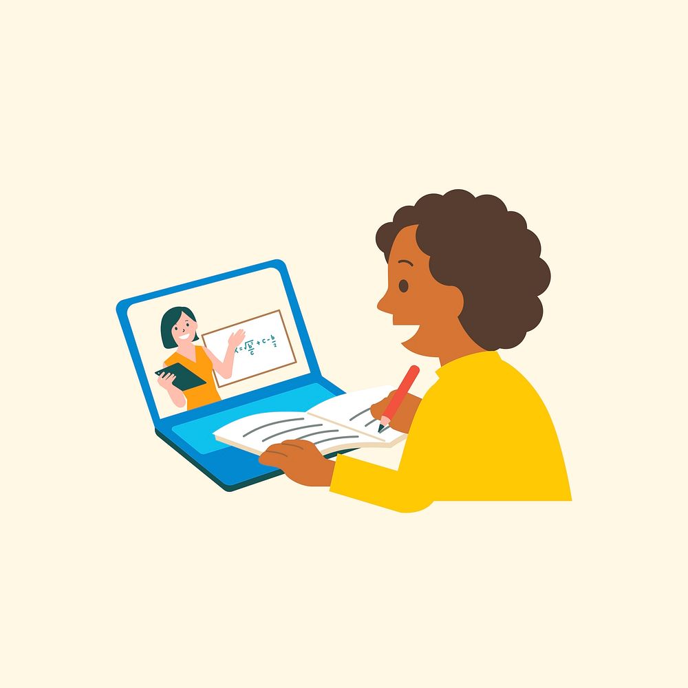 Online mathematics class with a woman learning flat graphic