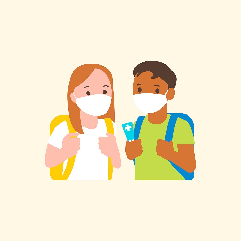 Students with mask on in the new normal character flat graphic