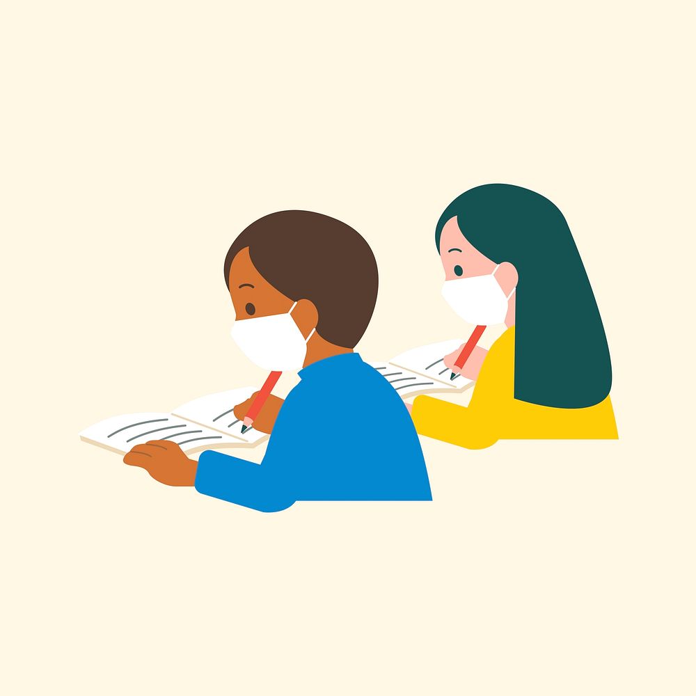 Students studying in the new normal character flat graphic