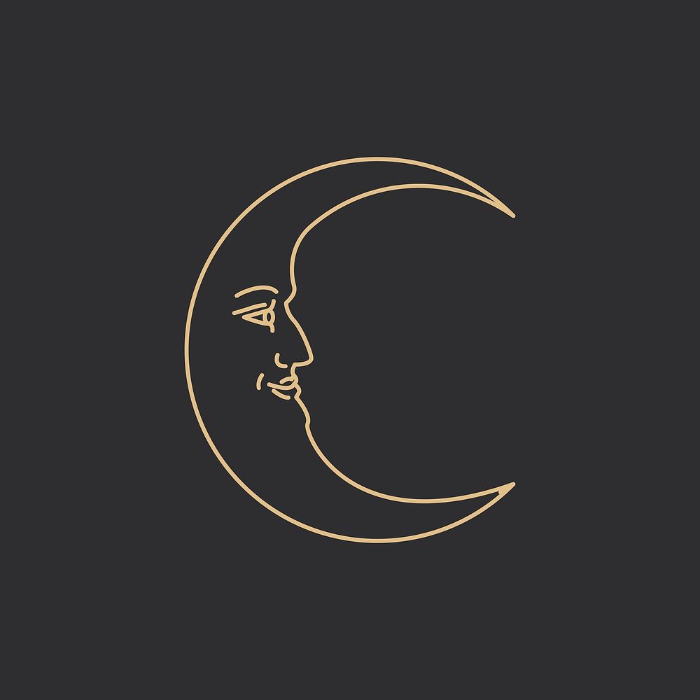 Crescent moon with face celestial linear style on black background