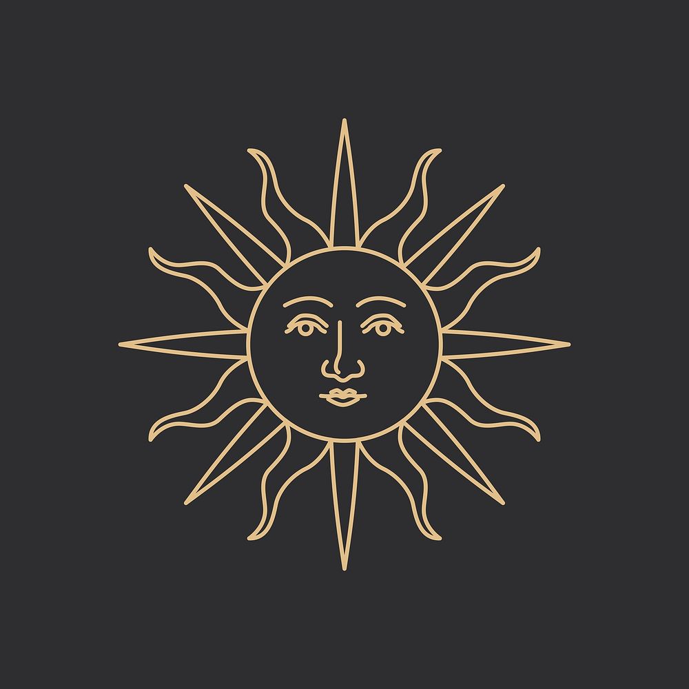 Celestial golden antique sun with face linear style on black background