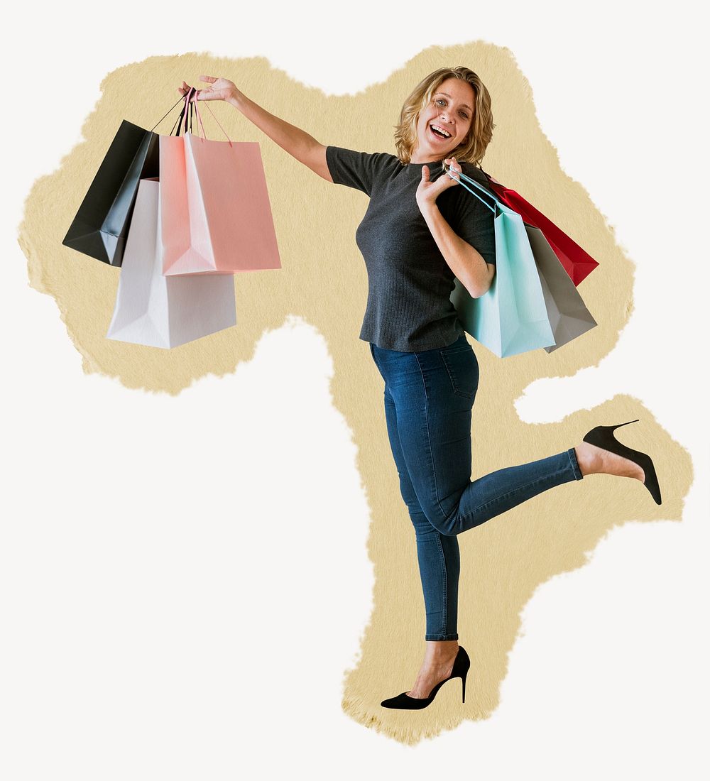 Business woman shopping, people activity concept, ripped paper design