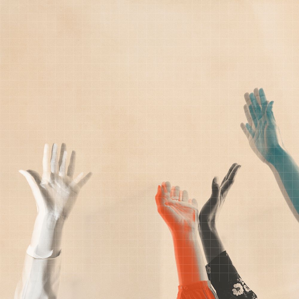 Colorful arms raising on beige grid remix background
