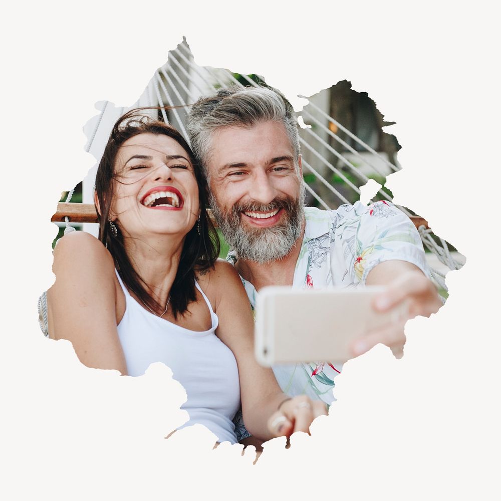 Couple taking a selfie while on vacation collage element psd
