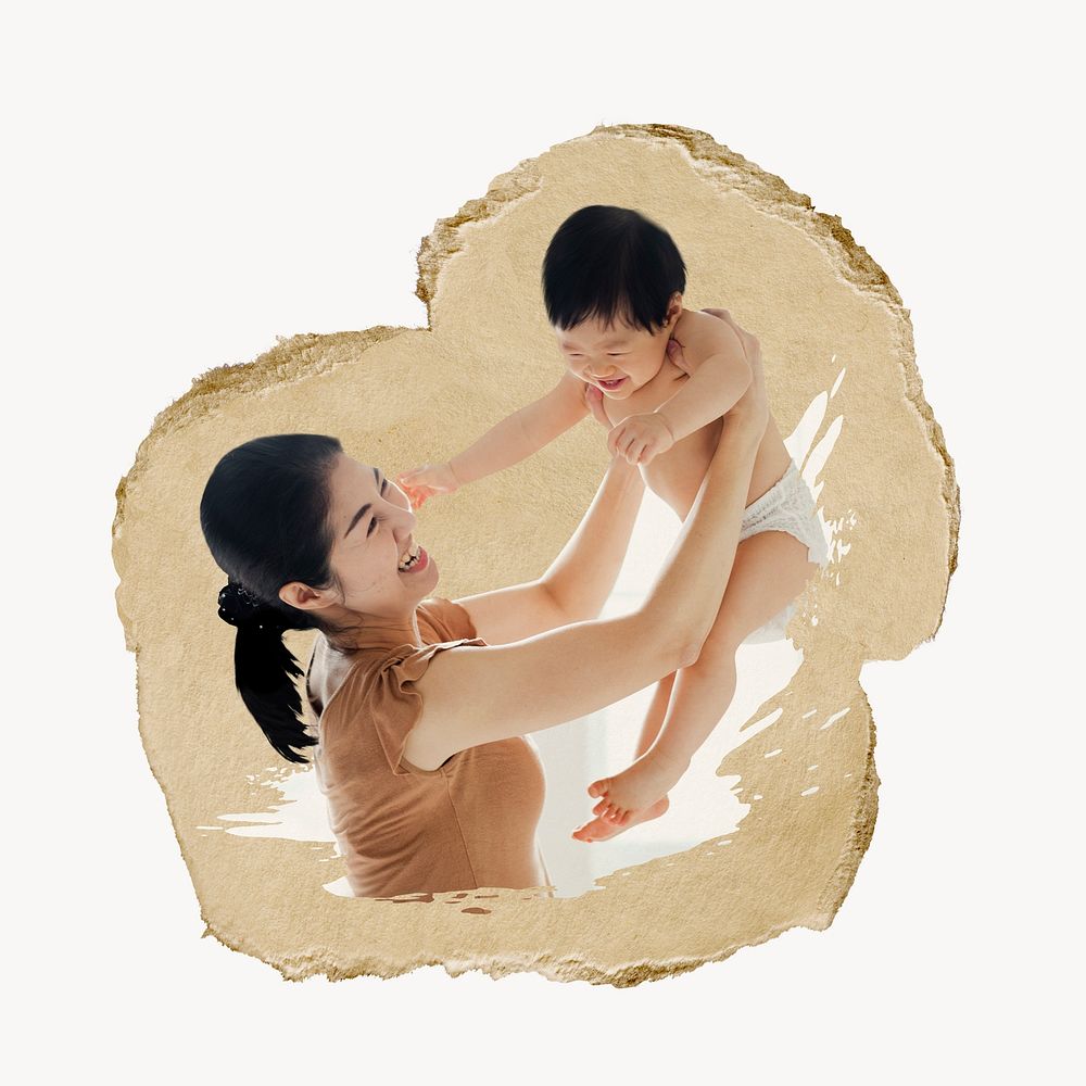 Mother holding toddler, ripped paper collage element