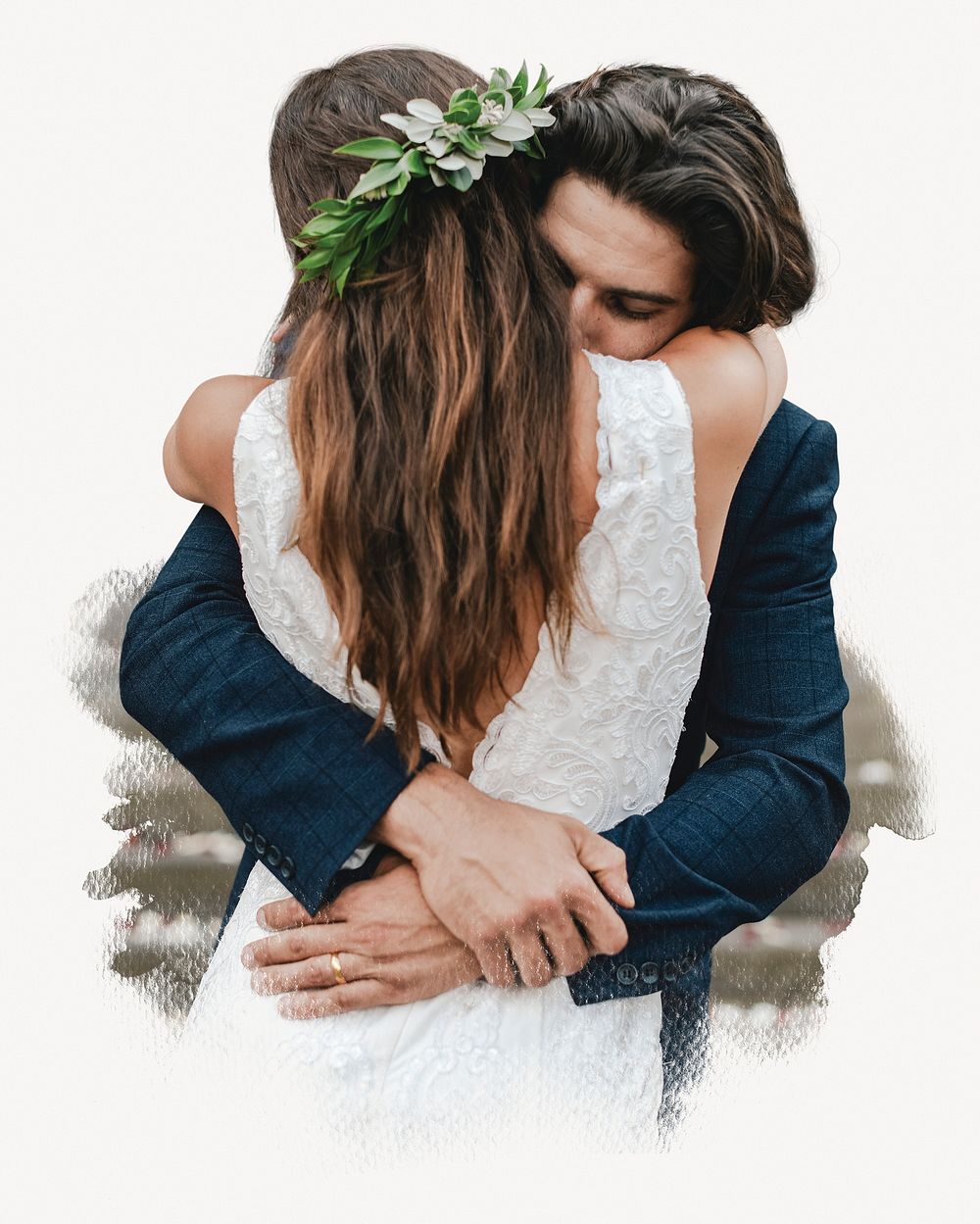 Bride hugging groom photo on white background