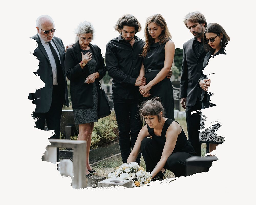 Family laying flowers on the grave collage element psd