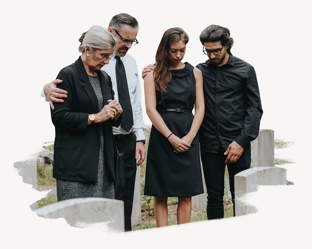 Family giving their last goodbyes at the cemetery collage element psd