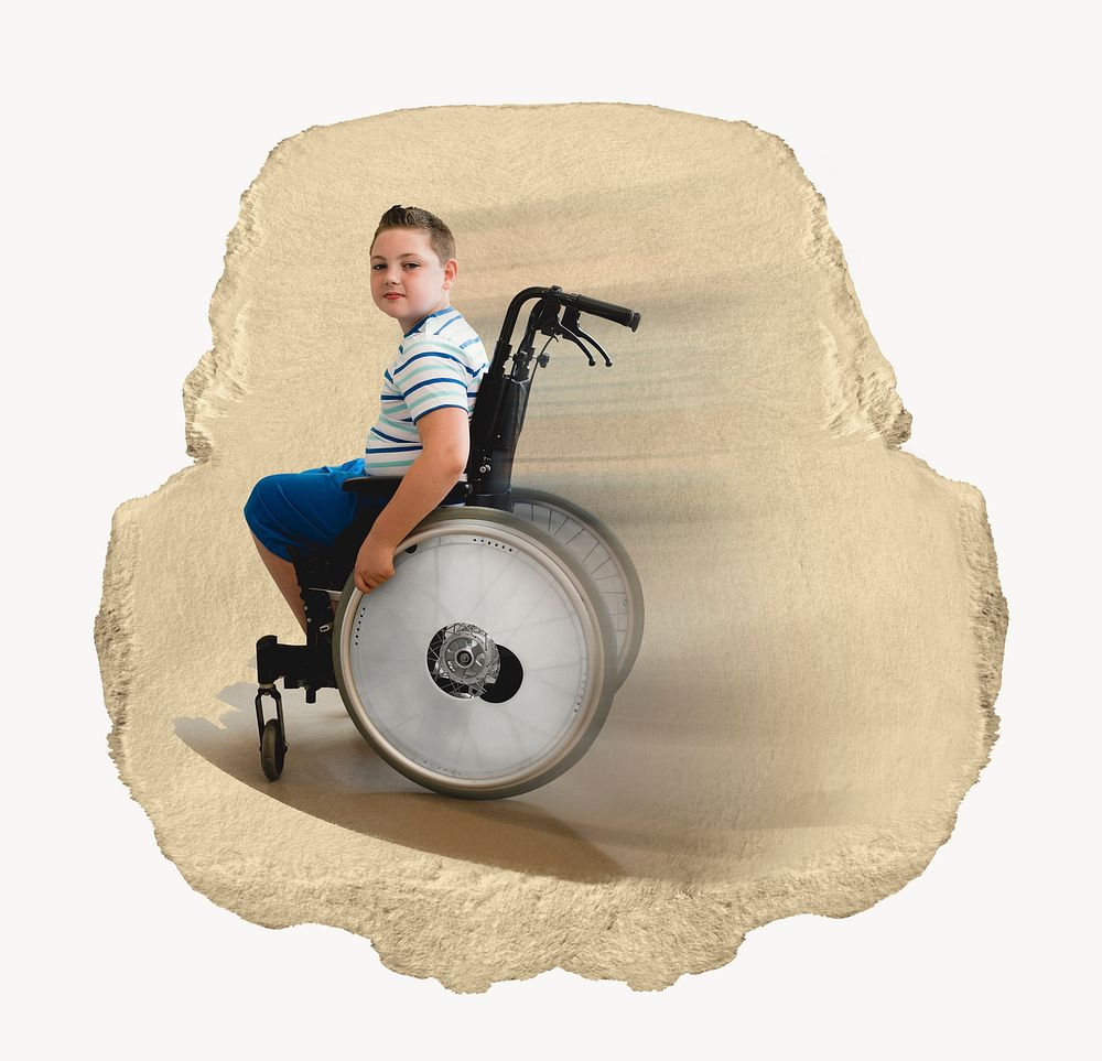 Boy in wheelchair, ripped paper collage element