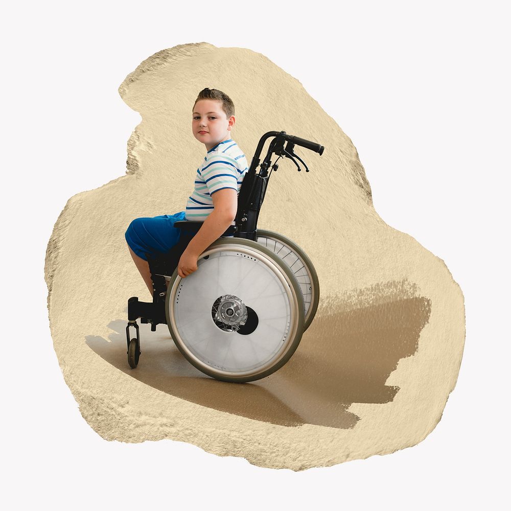 Boy in wheelchair, ripped paper collage element